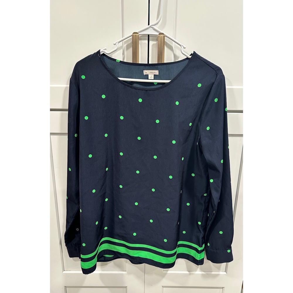 Gap Women Navy Blue Neon Green Polka Dot Long Sleeve Blouse Top Size M